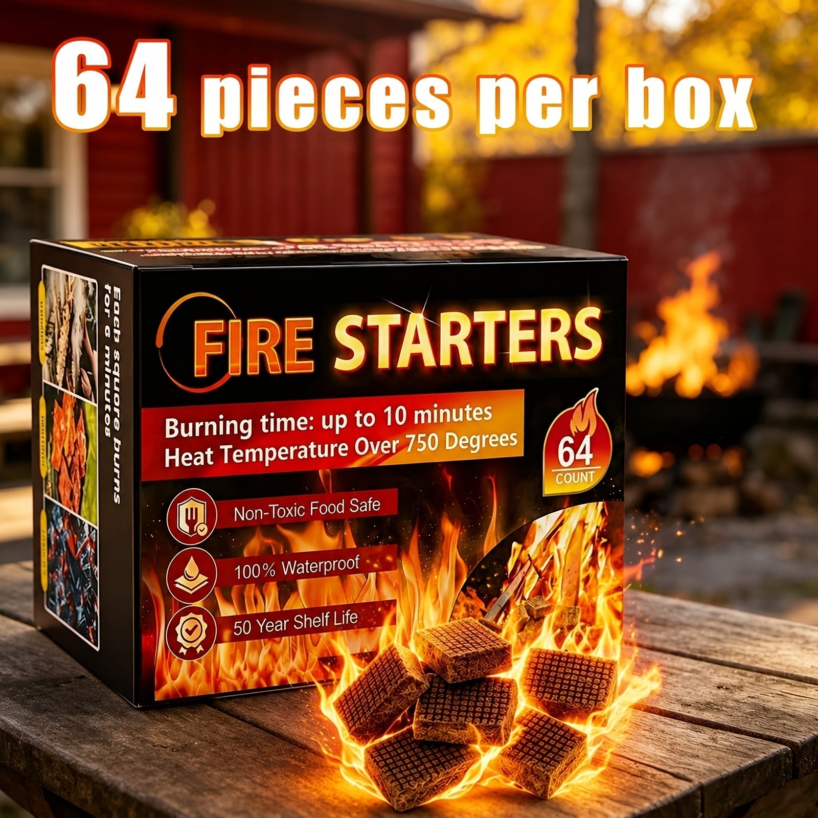 Waterproof Odorless Fire Starter Squares Bulk Pack – 6-Minute Burn Charcoal Firestarter Cubes for Campfire BBQ Grill Fireplace Wood Stove Fire Pit, No Kindling Needed, 32 64 128 192 Piece Options
