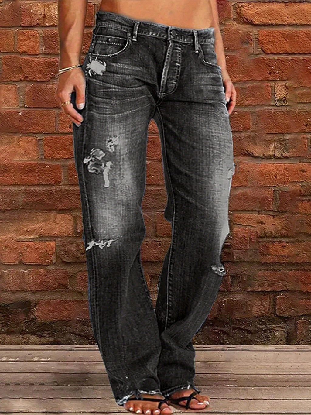 Ripped Flare Wide Leg Jeans Women Distressed Stretch Denim Fashion Streetwear Casual Pants Light Blue Dark Blue XS-XXL