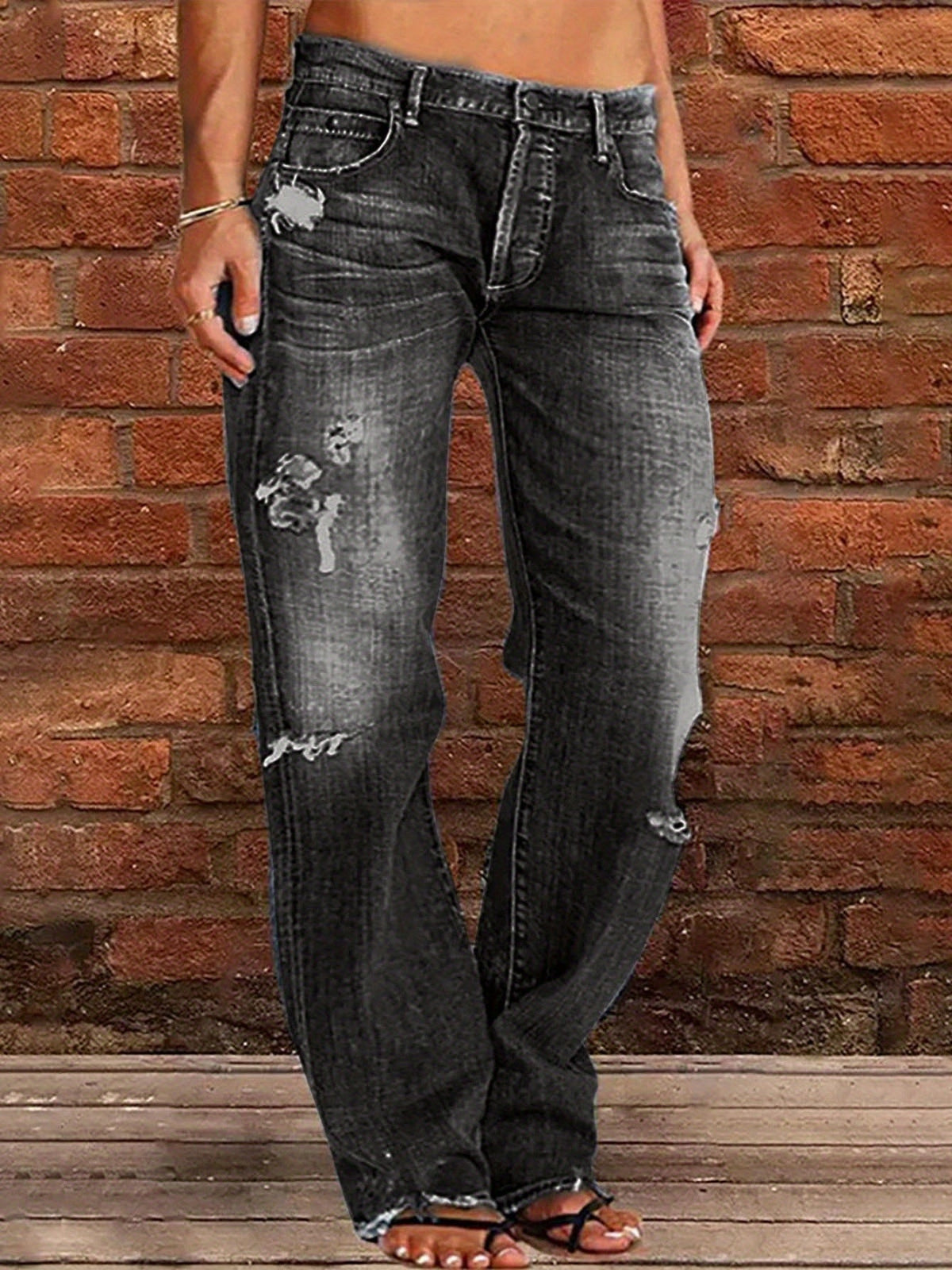 Ripped Flare Wide Leg Jeans Women Distressed Stretch Denim Fashion Streetwear Casual Pants Light Blue Dark Blue XS-XXL