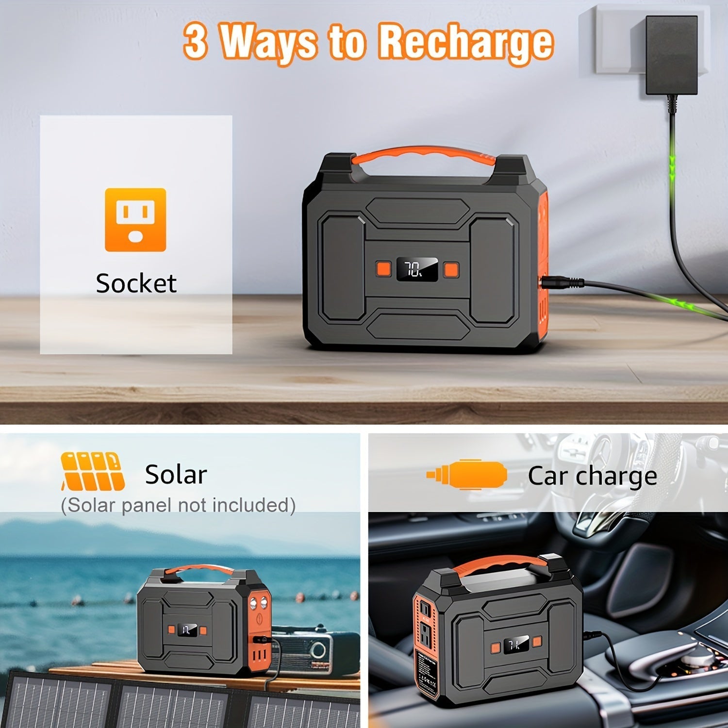 Portable Power Station 100W 300W Solar Generator AC Outlet USB QC3.0 Fast Charge DC Port LED Flashlight High Capacity Battery Pack for Camping Hiking CPAP Emergency Backup Power