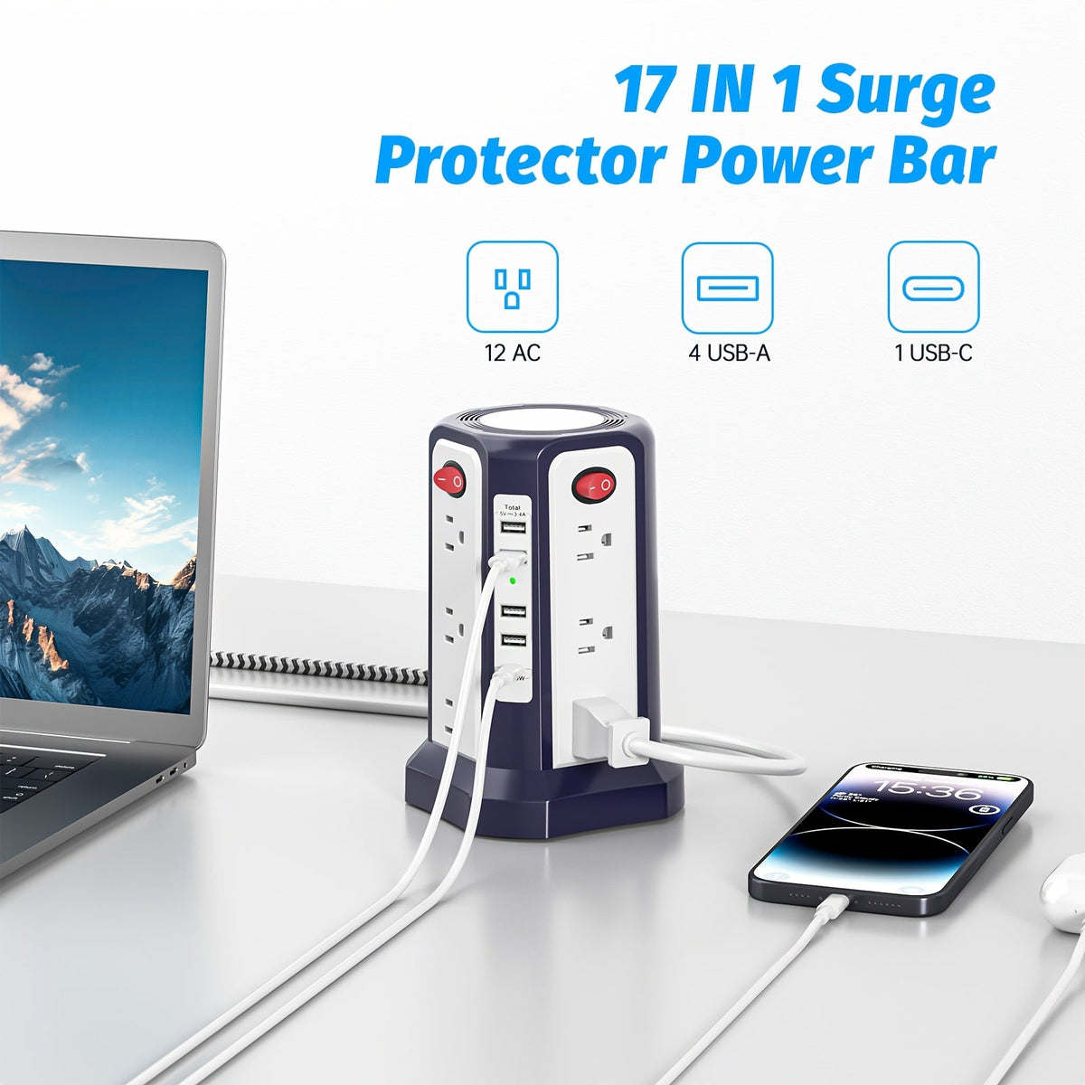 Power Strip Tower 16 AC Outlets 5 USB Ports USB-C PD20W Fast Charging 1500J Surge Protector Flat Plug Desktop Extension Cord for Home Office Dorm Room Workstation 10 Style Options