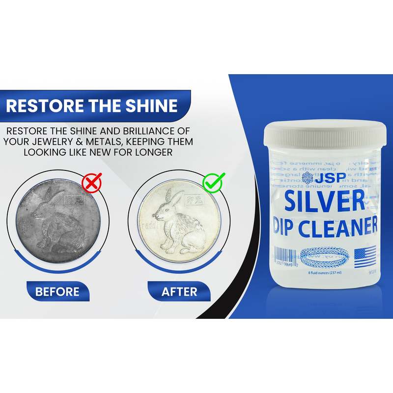 JSP Silver Dip Cleaner & Tarnish Remover 8oz Kit – 925 & 999 Sterling Silver Jewelry Cleaning Solution with Basket & Microfiber Cloth, Restores Shine
