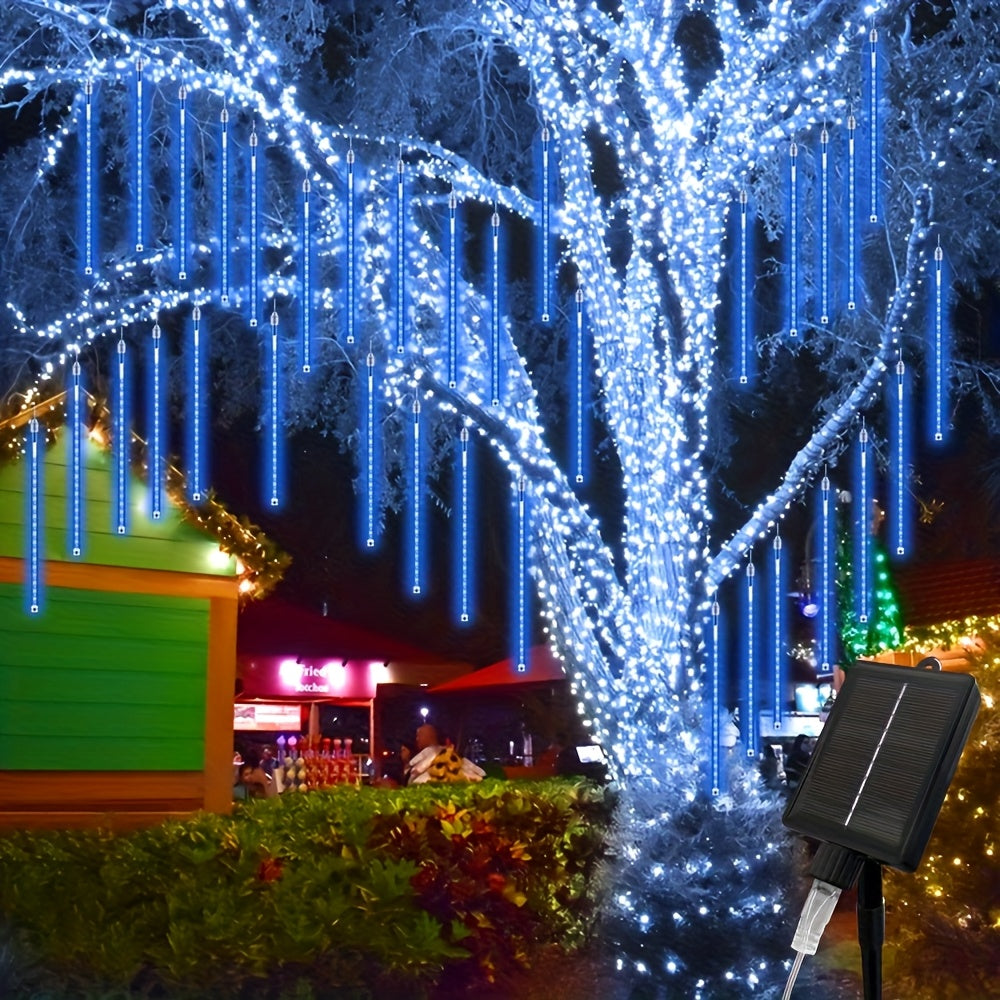 Solar Meteor Shower String Lights 192 LED Outdoor Waterproof - Flower Theme 8 Modes Fairy Lights for Garden Patio Tree Christmas Halloween Independence Day Warm White Multi-Color Blue