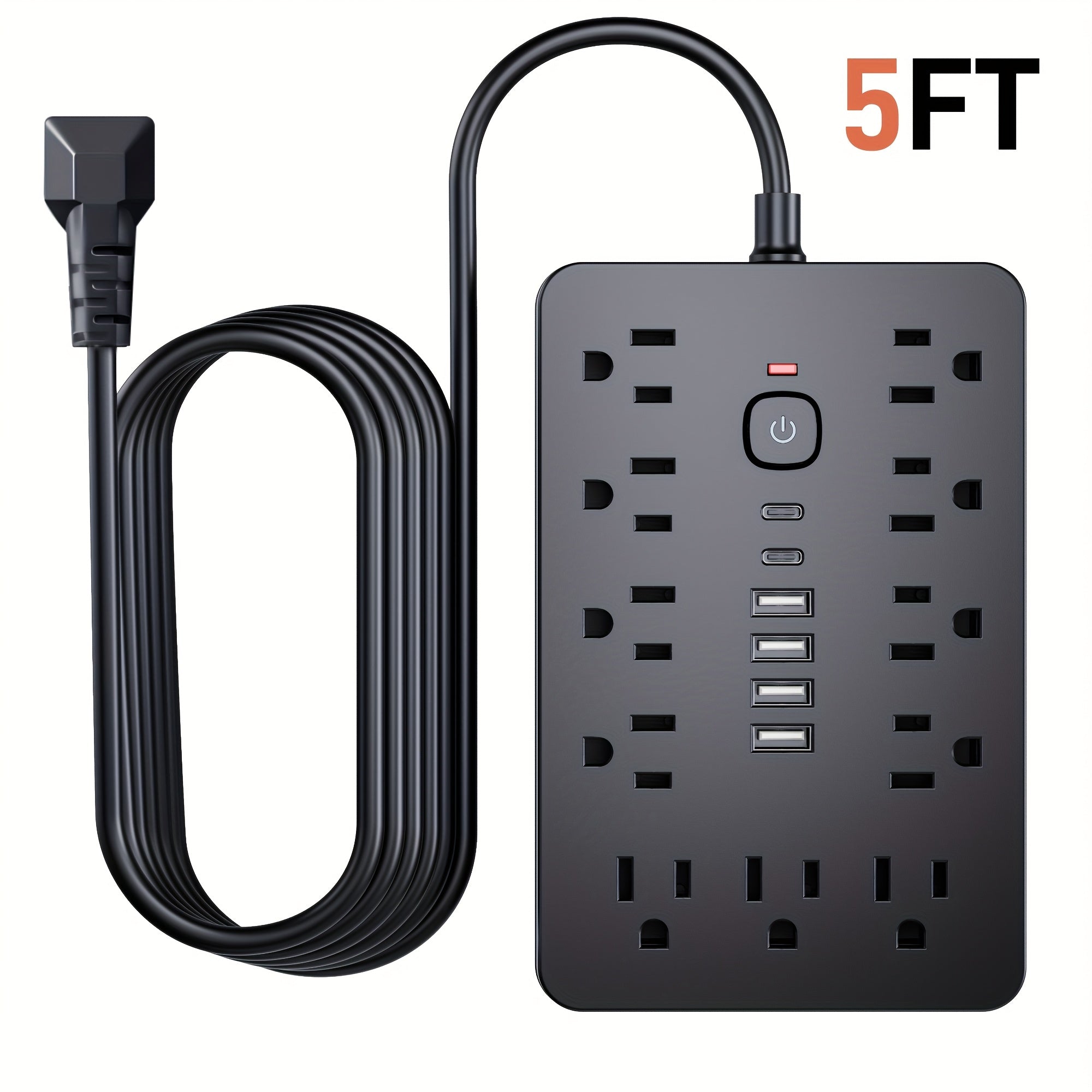 17-in-1 Power Strip Surge Protector 11 AC Outlets 4 USB-A 2 USB-C Ports Flat Plug Space-Saving Extension Cord Home Office Desk Kitchen Bedroom 5ft 10ft White Black