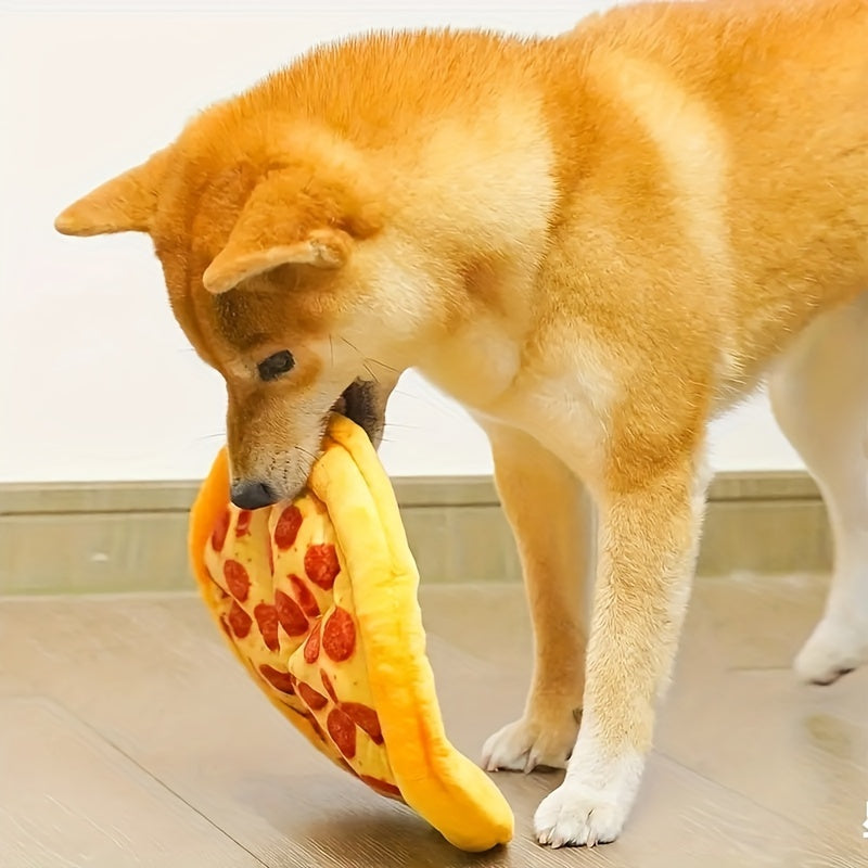 Squeaky Pepperoni Pizza Plush Dog Toy Soft Polyester Interactive Squeaker Chew Toy for All Breeds Puppies Adult Dogs Fun Food-Themed