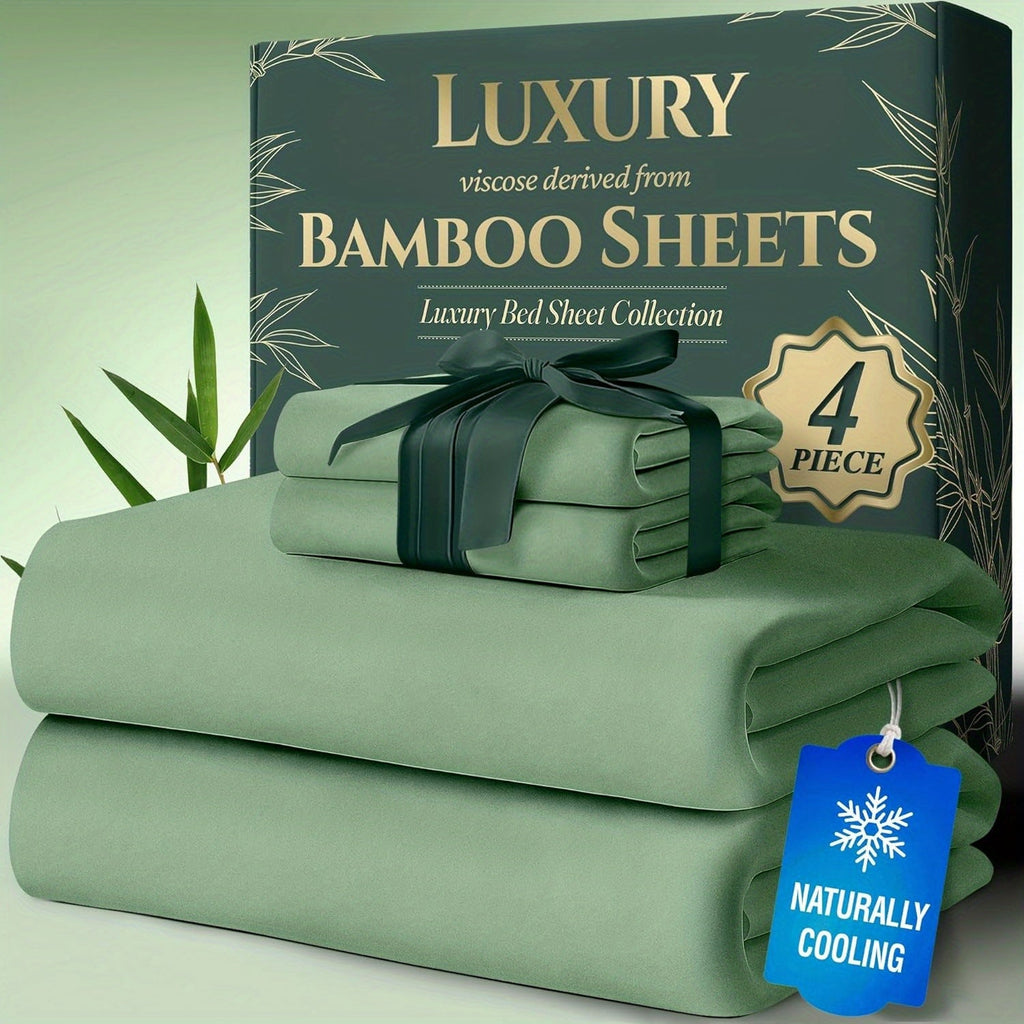 Cooling Bamboo Bed Sheet Sets – Ultra-Soft Breathable Deep Pocket Sheets for Hot Sleepers, Twin Full Queen King, 4-Piece Set with Pillowcases, Moisture-Wicking Temperature Regulating