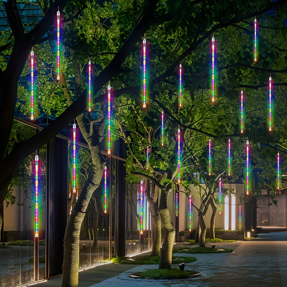 Solar Meteor Shower String Lights 192 LED Outdoor Waterproof - Flower Theme 8 Modes Fairy Lights for Garden Patio Tree Christmas Halloween Independence Day Warm White Multi-Color Blue