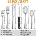 48-Piece Silverware Set with Steak Knives Service for 8 – 304 Stainless Steel Flatware Cutlery Set Mirror Finish Dishwasher Safe Spoons Forks Knives Silver Black