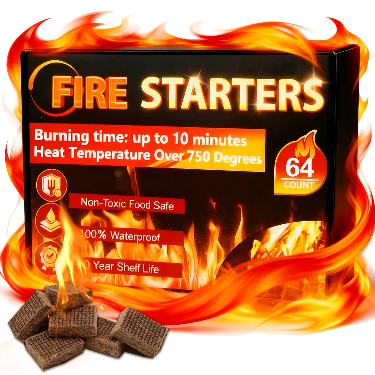 Waterproof Odorless Fire Starter Squares Bulk Pack – 6-Minute Burn Charcoal Firestarter Cubes for Campfire BBQ Grill Fireplace Wood Stove Fire Pit, No Kindling Needed, 32 64 128 192 Piece Options