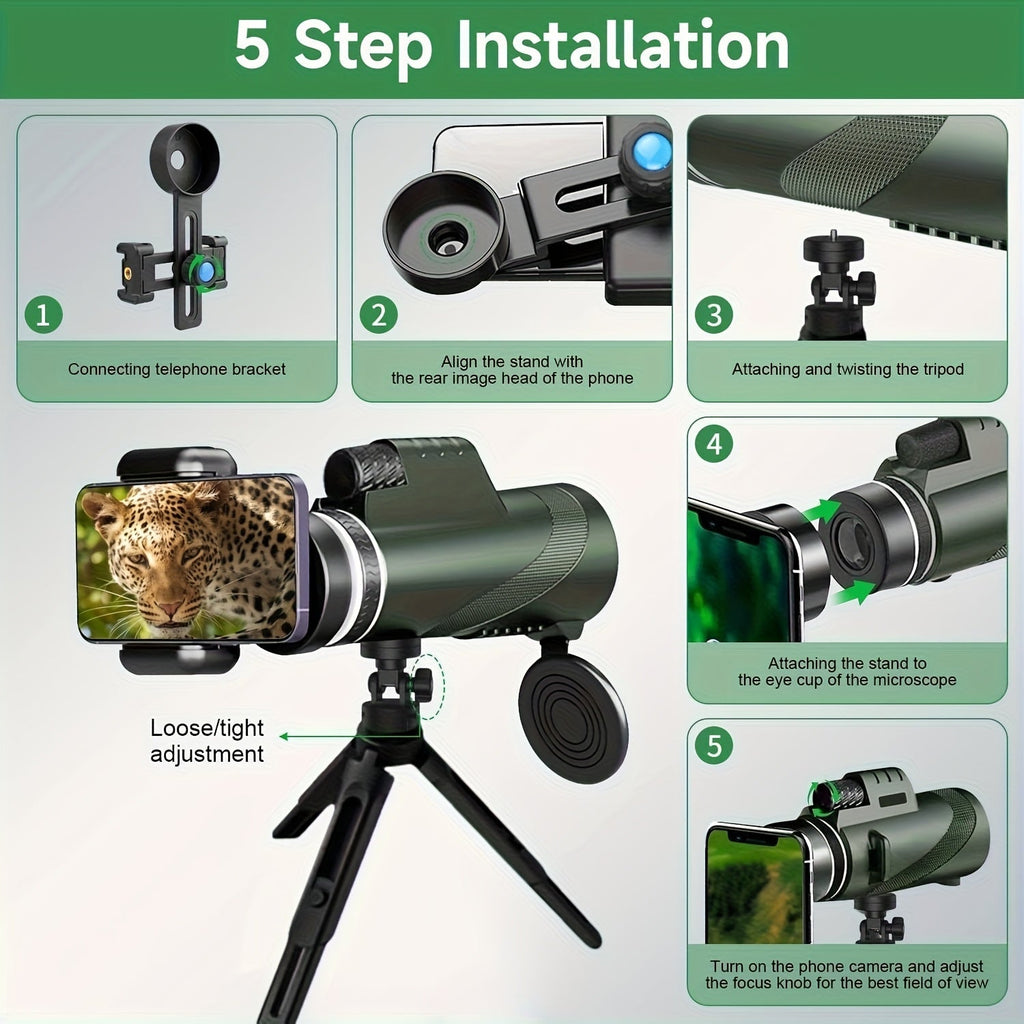 10x42 HD Monocular Telescope with Phone Adapter & Tripod – FMC Lens Compact Scope for Bird Watching, Wildlife, Hiking, Camping, Concerts & Sports – Black & Green, Christmas Gift