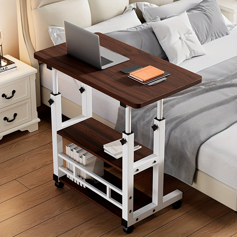 Rolling Folding Desk 3-Tier with Wheels Height Adjustable Expandable Desktop Storage Shelf Laptop Study Home Office Bedroom Living Room Computer Table Multi-Color