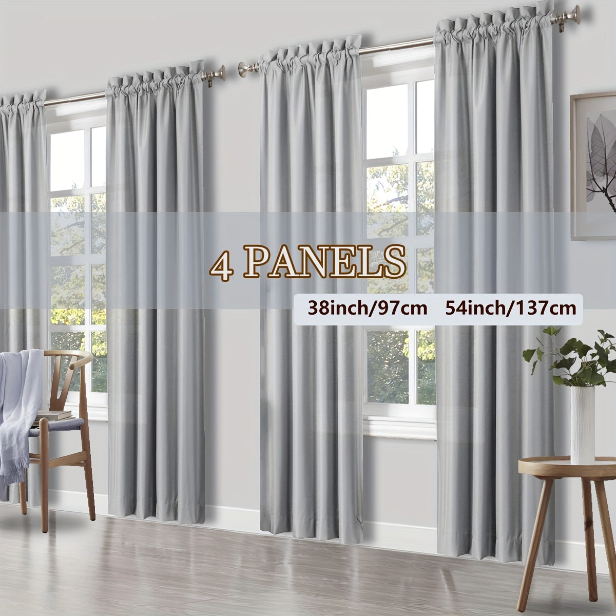 Rod Pocket Light Filtering Curtains 4 Panels – Solid Color Drapes for Living Room Bedroom Office, Easy Install, 10 Colors & 8 Sizes, Yarn-Dyed Fade Resistant Fabric, Home Window Treatment Set