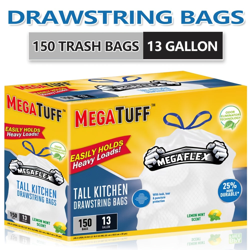 13 Gallon Drawstring Kitchen Trash Bags Odor Eliminator Lemon Mint Scent Puncture Tear Resistant Disposable Garbage Bags 78-Count 150-Count Box Value Pack