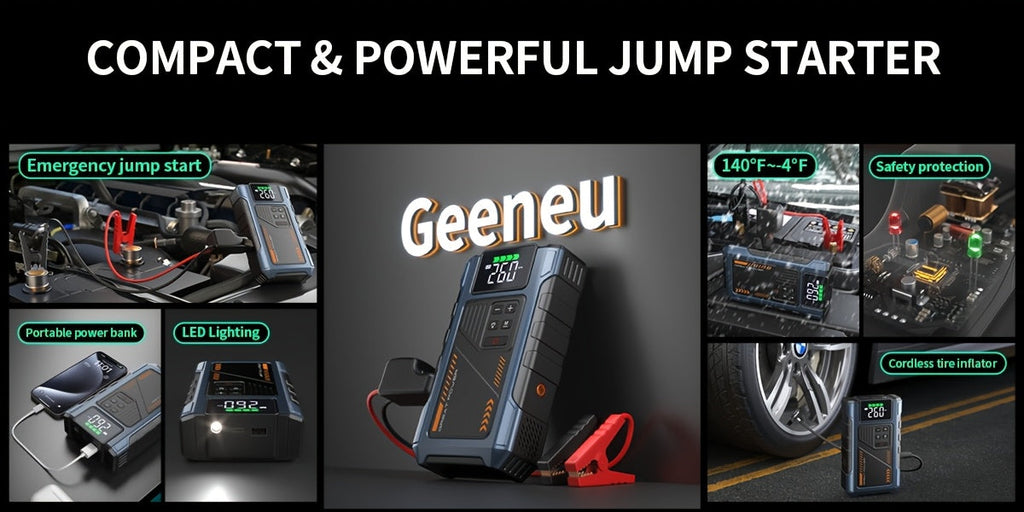 4000A Car Jump Starter with Air Compressor & Tire Inflator – All-in-One Portable Battery Booster for Gas & Diesel Engines, LED Light USB Power Bank Digital Display, Compact Emergency Car Starter