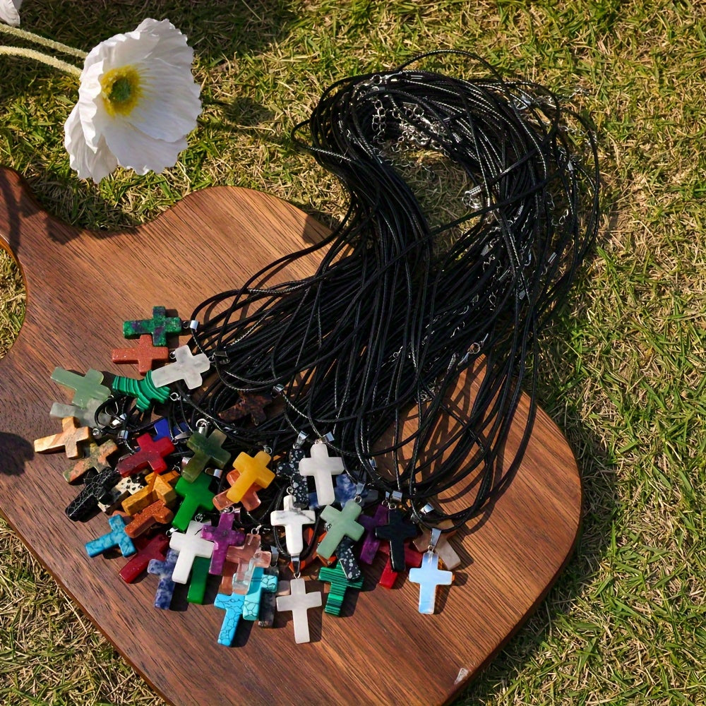 40pcs Natural Stone Cross Pendant & Necklace DIY Kit – 20 Quartz Imitation Gem Cross Pendants + 20 Adjustable Black Faux Leather Necklaces, Bulk Jewelry Making Supplies for Teens Women Bracelets Earrings Crafts