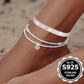 3-Pack 925 Sterling Silver Anklet Set for Women – Sparkling Zirconia Wave & Braided Boho Vintage Design Beach Party Jewelry Gift