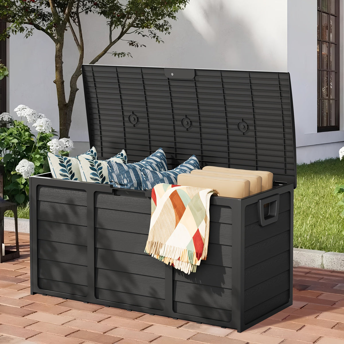 75 Gallon Resin Outdoor Storage Box with Handles Weatherproof Deck Box for Pool Accessories Garden Tools Patio Backyard