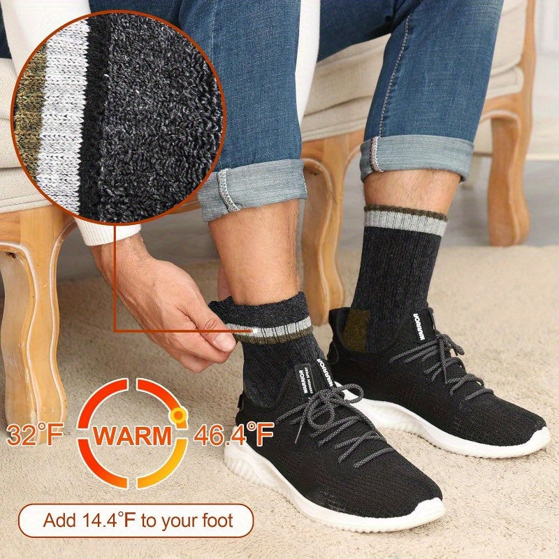Men's Wool Socks 5 Pairs Extra Thick Thermal Winter Crew Socks – 300g/m² Heavyweight, Striped Pattern, Machine Washable, Size 7-13, Warm Fall & Winter Socks for Men