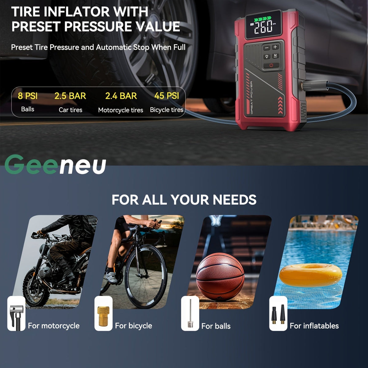 9 in 1 Portable Jump Starter with Air Compressor for 12V Cars Up to 8.0L Gas 6.5L Diesel Battery Booster Pack Tire Inflator USB Power Bank LED Emergency Light Safety Hammer Roadside Kit