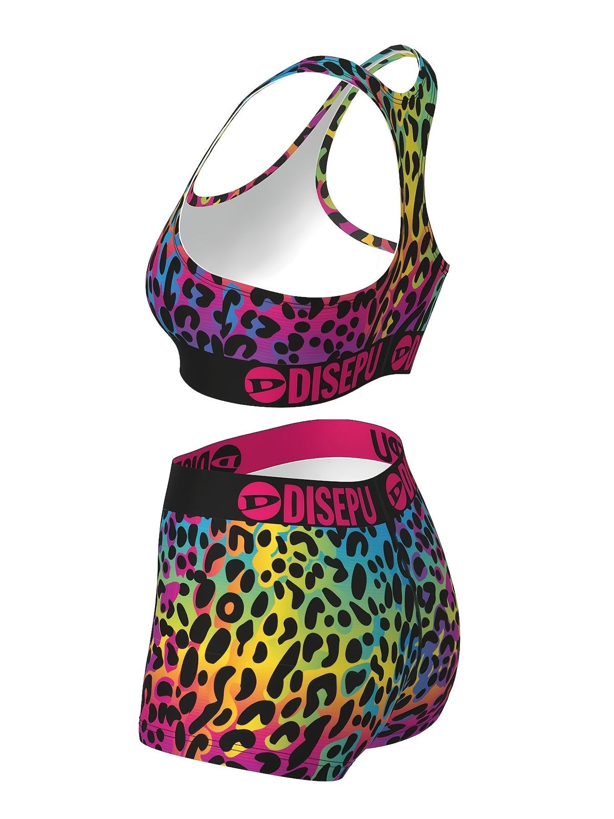 Women's Rainbow Leopard Print Workout Set – 2-Piece Sports Bra & High Waist Shorts Athletic Outfit for Yoga Gym Running Dance Festival, Colorful Activewear for Teens & Women Sizes S-XXL
