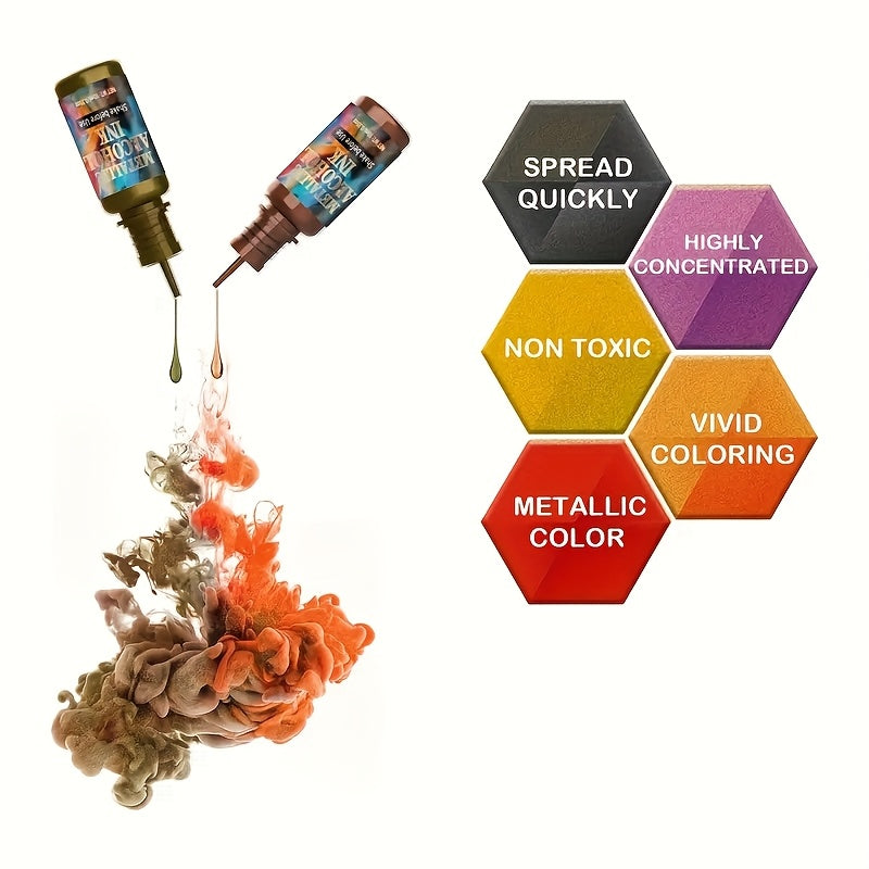 12 Color Metallic Alcohol Ink Set for Epoxy Resin Art – Concentrated Glitter Alcohol Pigment Dye for Resin Petri Dish Cup Making Coasters Jewelry 0.34 oz per Bottle