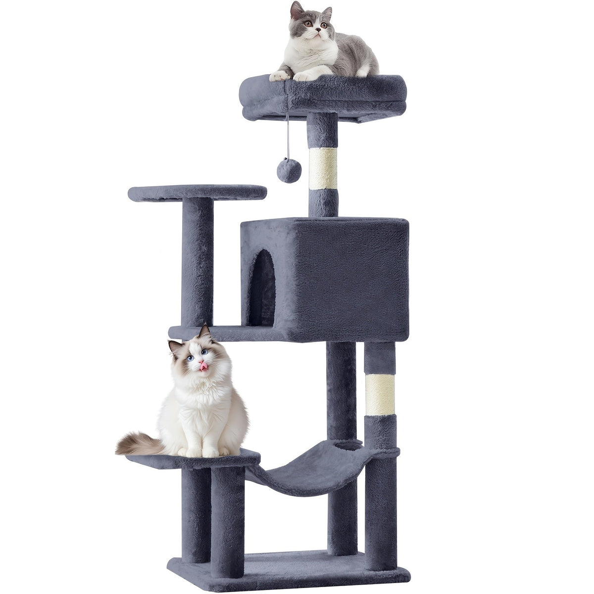 44-Inch Cat Tree Tower with Condo & Hammock Natural Sisal Scratching Posts Multi-Level Perches & Pet House – Indoor Cats Kittens Multi-Cat, Beige Gray Pink Black/Red