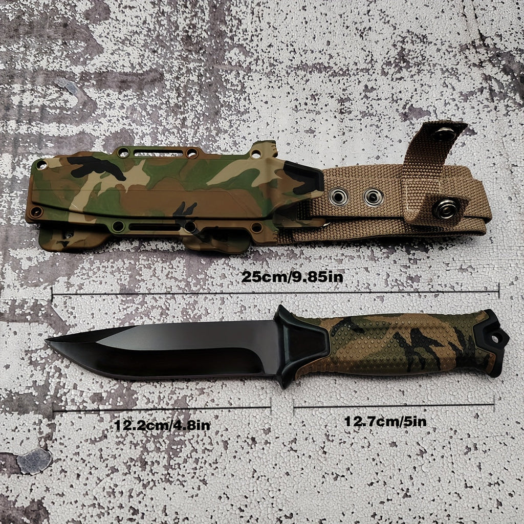Outdoor Fixed Blade Knife – Stainless Steel Straight Blade, Non-Slip Handle, K-Type Sheath, EDC Hunting Fishing Camping Survival Knife, Camouflage, Multi-Purpose Field Tool for Men