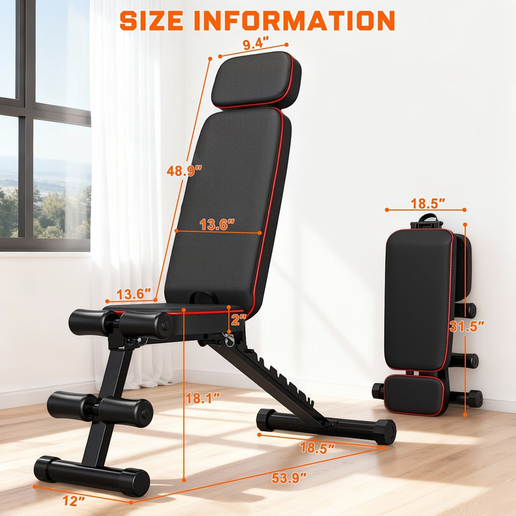 Foldable 6-in-1 Adjustable Weight Bench 770 LBS Home Gym – Flat Incline Decline Strength Training with Resistance Bands Preacher Curl Pad & Leg Developer for Full Body Workouts