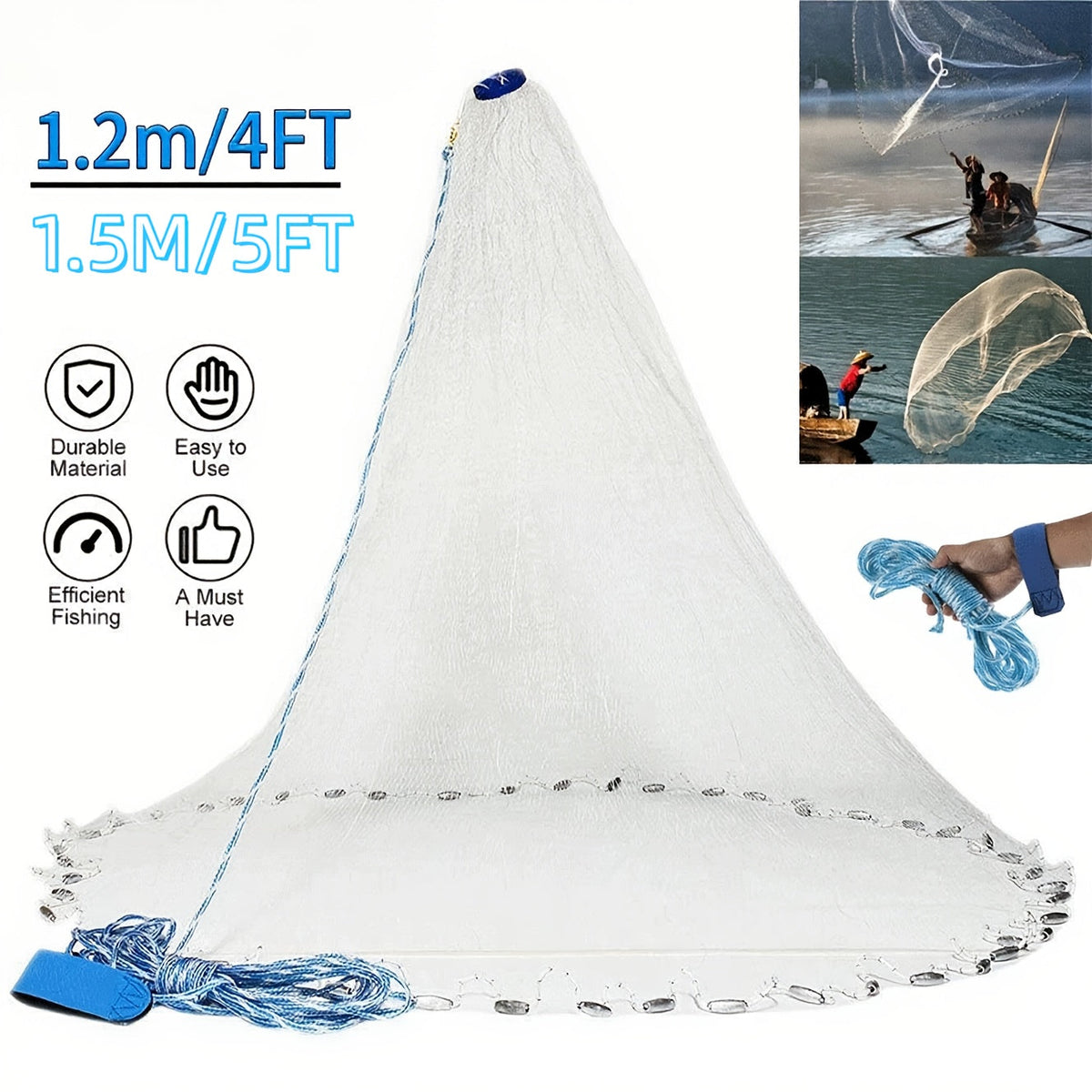 8FT 10FT Fishing Cast Net with Zinc Sinkers – Easy Throw Nylon Monofilament Bait Trap Net for Saltwater Freshwater, 240 300 Steel Drop, American Anglers Shore Pier Kayak Boat Fishing