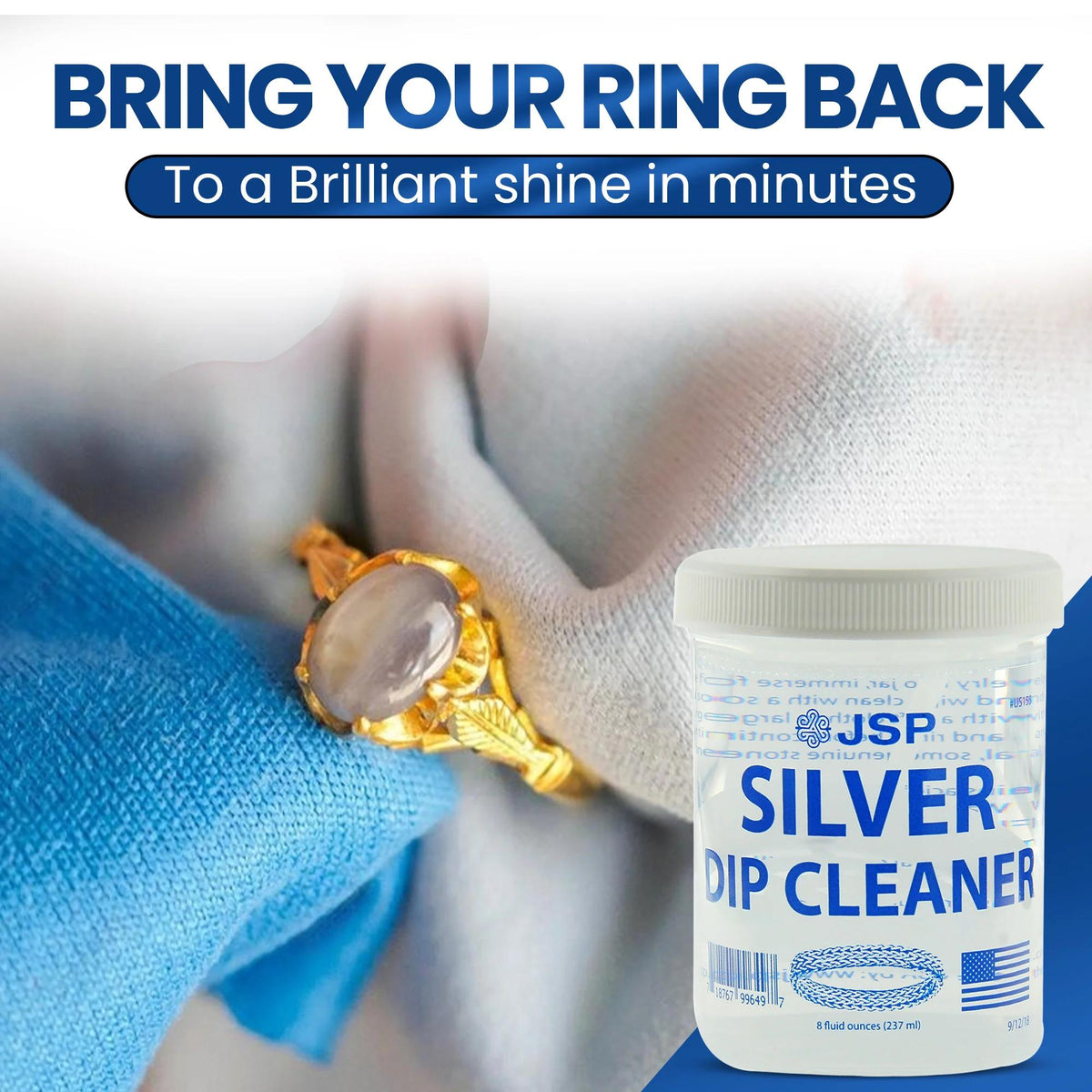 JSP Silver Dip Cleaner & Tarnish Remover 8oz Kit – 925 & 999 Sterling Silver Jewelry Cleaning Solution with Basket & Microfiber Cloth, Restores Shine