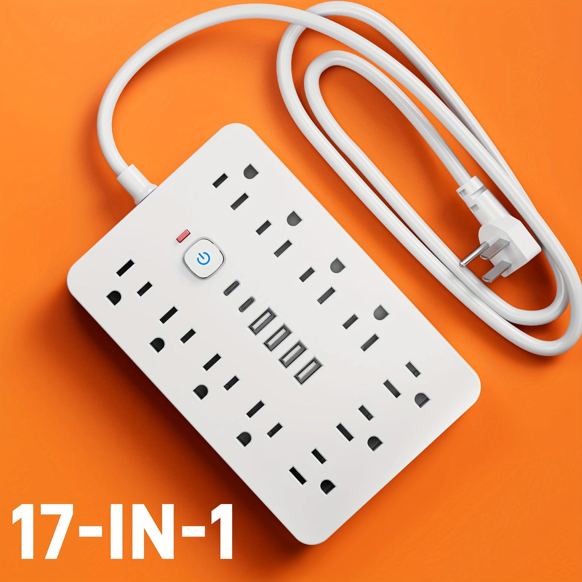 17-in-1 Power Strip Surge Protector 11 AC Outlets 4 USB-A 2 USB-C Ports Flat Plug Space-Saving Extension Cord Home Office Desk Kitchen Bedroom 5ft 10ft White Black