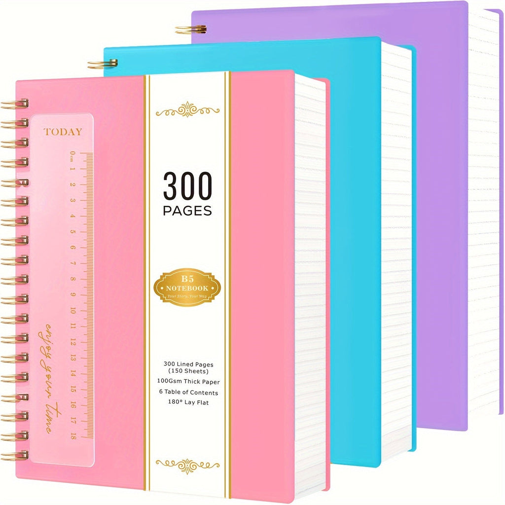 Spiral Notebook 3 Pack A5 Hardcover College Ruled 300 Pages 100GSM Thick Paper PVC Cover Notepad Set for Women Girls Students School Office Journaling 5.7x8.4 with Built-In Ruler