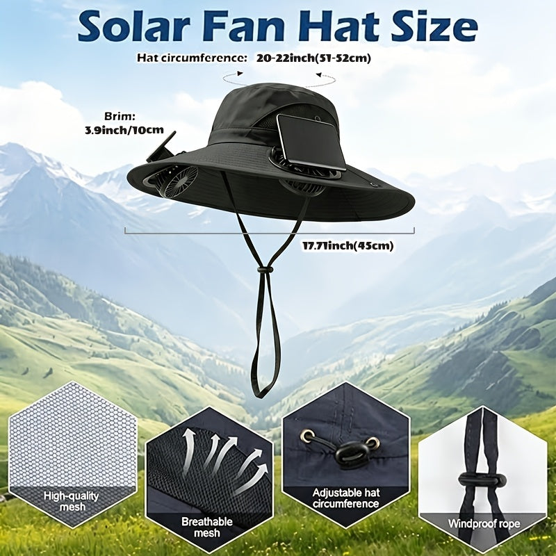 Solar Powered Cooling Fan Wide Brim Sun Hat with 2 Built-In Solar Fans – Adjustable Wind Speed Breathable Mesh UV Protection Outdoor Hat with Chin Strap for Fishing Camping & Hiking