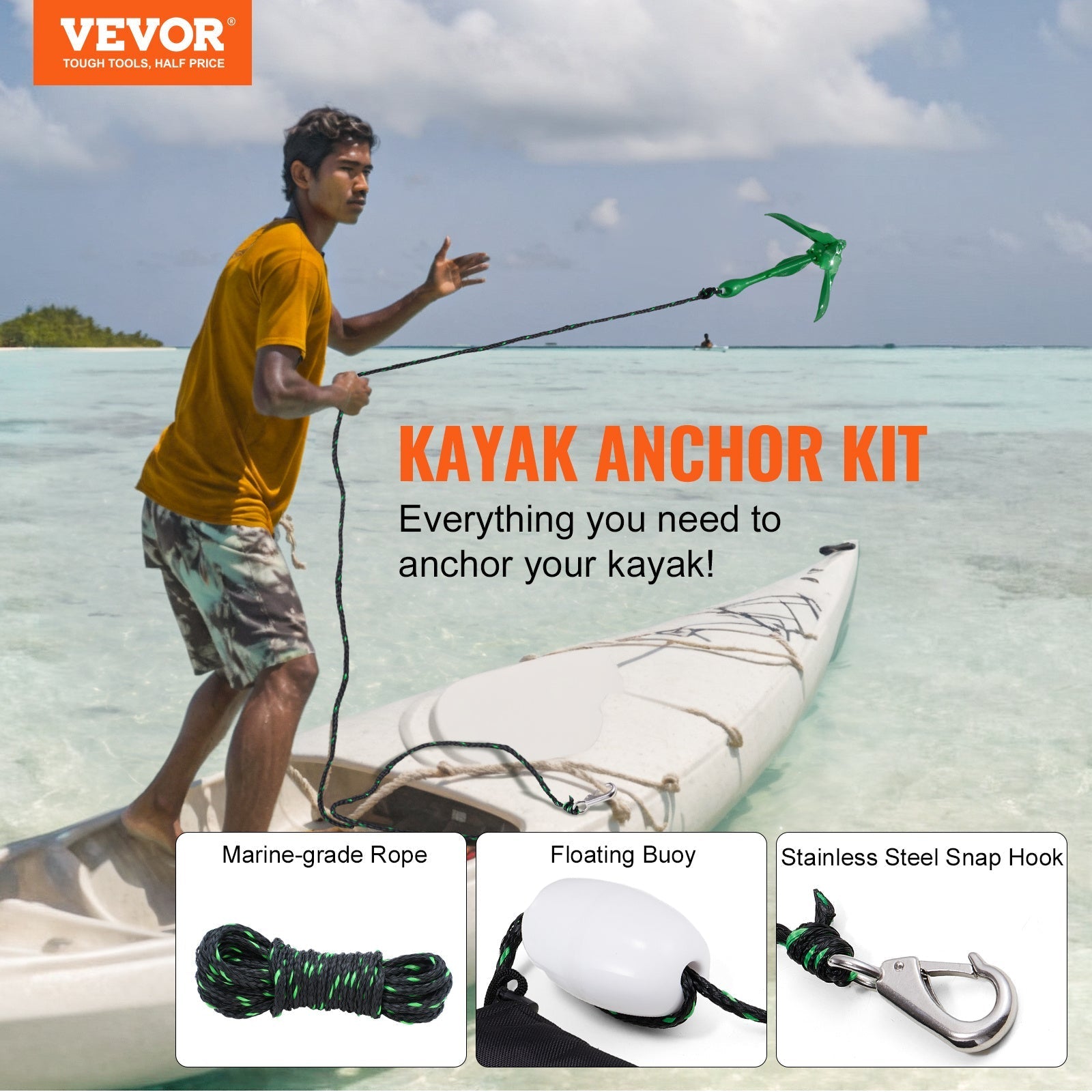 VEVOR Kayak Anchor Kit 3.5 lb Folding 4-Fluke with 26.2 ft Marine Rope, Buoy & Snap Hook - Corrosion-Resistant Paddle Board Anchor for Kayaks, Canoes, SUP & Small Boats