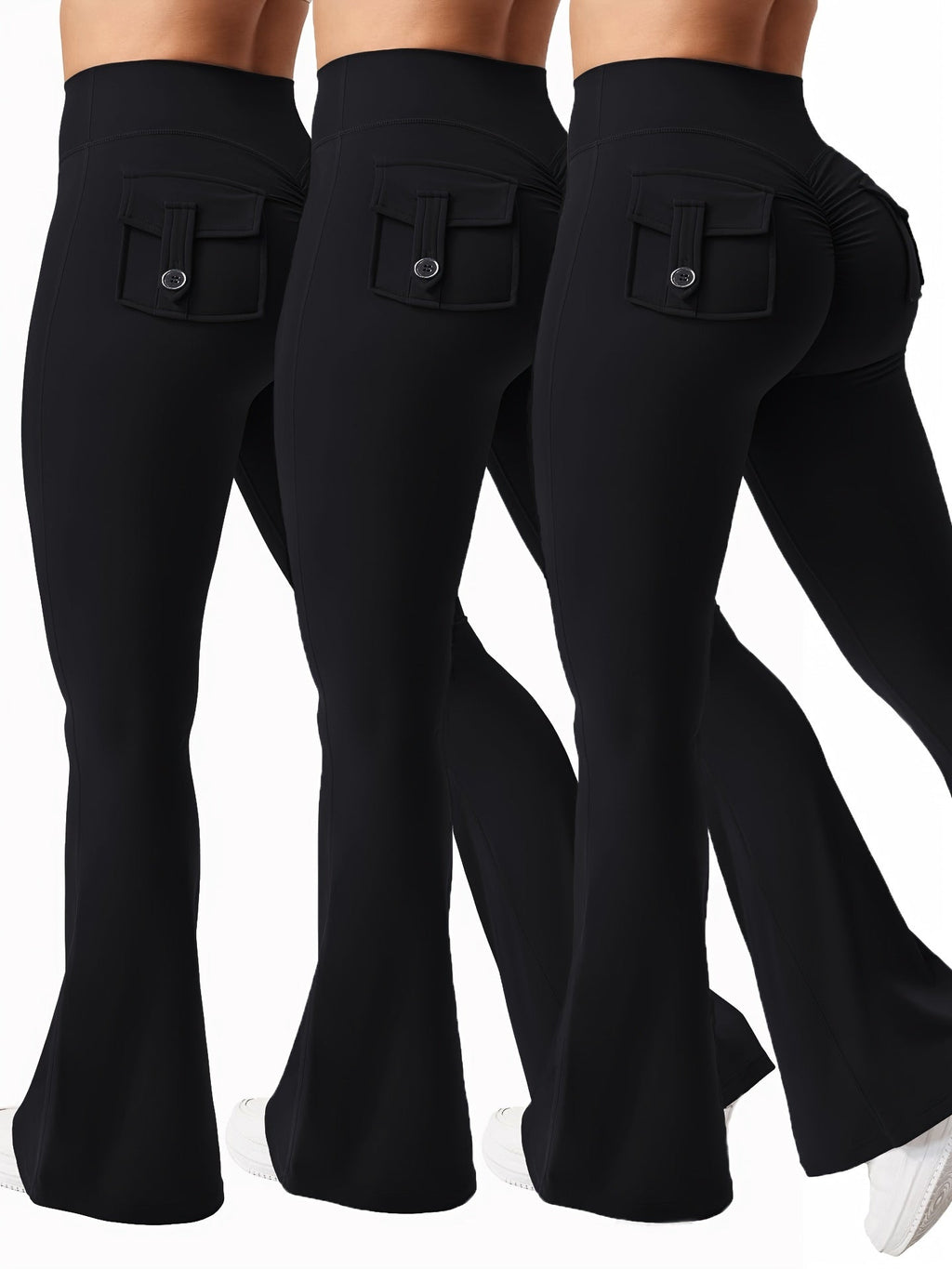Women's 3-Piece High Waist Flare Yoga Pants Set with Belt and Pockets, Scrunch Butt Lifting Squat Proof 90% Polyester Stretchy Flared Leggings for Workout Gym Running Casual Wear