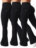 Women's 3-Piece High Waist Flare Yoga Pants Set with Belt and Pockets, Scrunch Butt Lifting Squat Proof 90% Polyester Stretchy Flared Leggings for Workout Gym Running Casual Wear