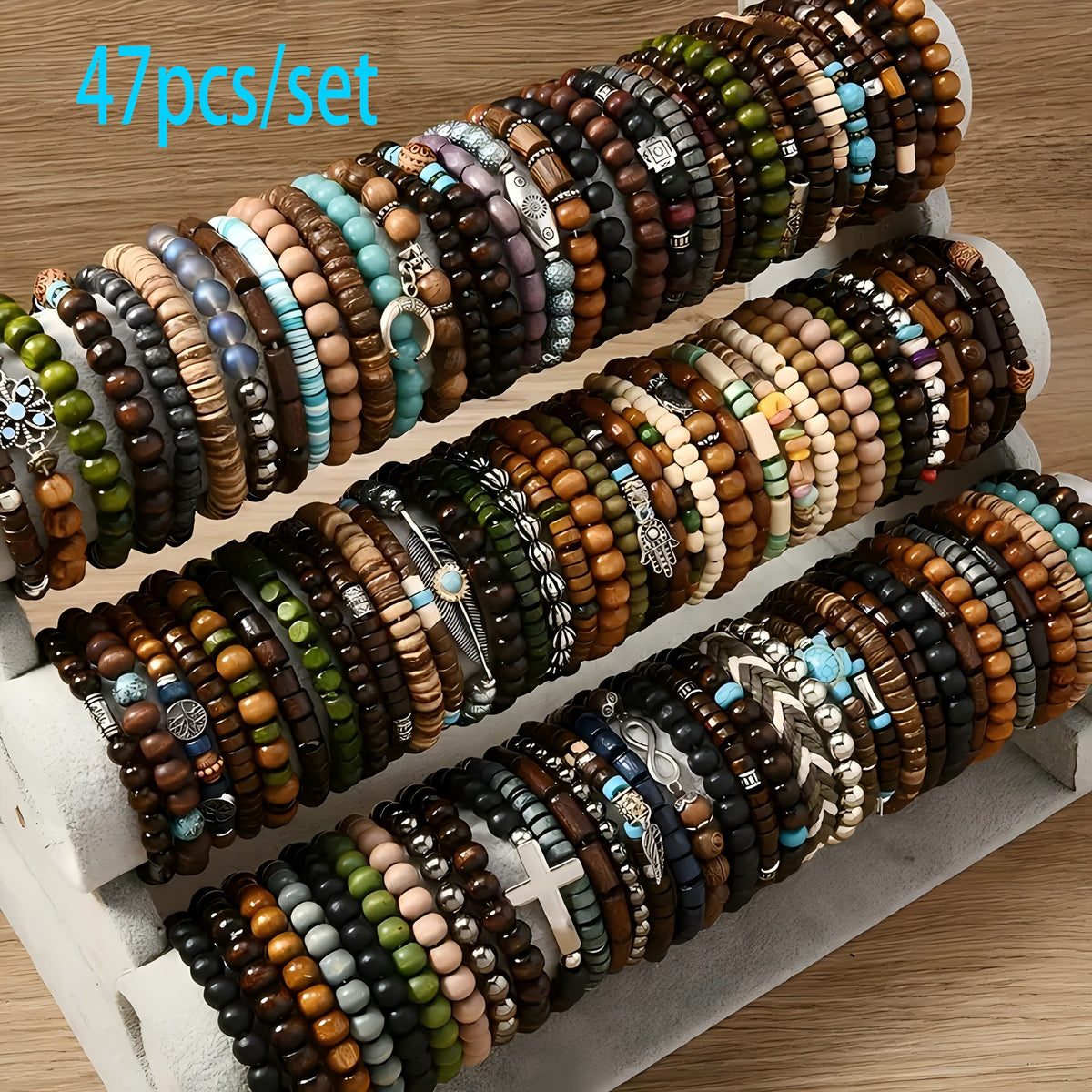 Boho Wood Beaded Bracelet Set – Stackable Elastic Bracelets with Turtle, Cross, Leaf & Feather Charms, Mixed Colors, Choose 12, 24, 47 or 87 Pcs – Perfect for Daily Wear & Gifting