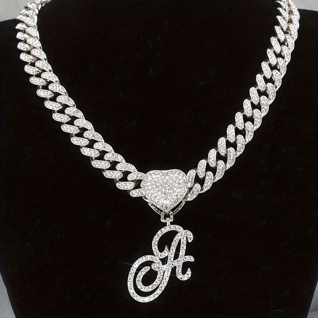 Initial Letter Necklace for Men & Women – Personalized A-Z Silver Cuban Chain with Heart Pendant, Hip Hop Style, 45cm / 17.71in, Perfect Gift for Sports Fans, Birthdays & Everyday Wear