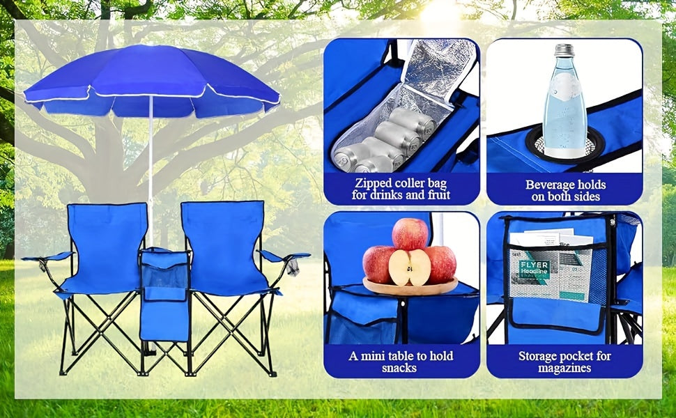 2-Person Folding Beach Chair Set with 59" Umbrella, Cooler Bag & Side Table – 600 lb Capacity Portable Loveseat for Beach, Camping, Picnic & Tailgate, Compact Collapsible Outdoor Chair