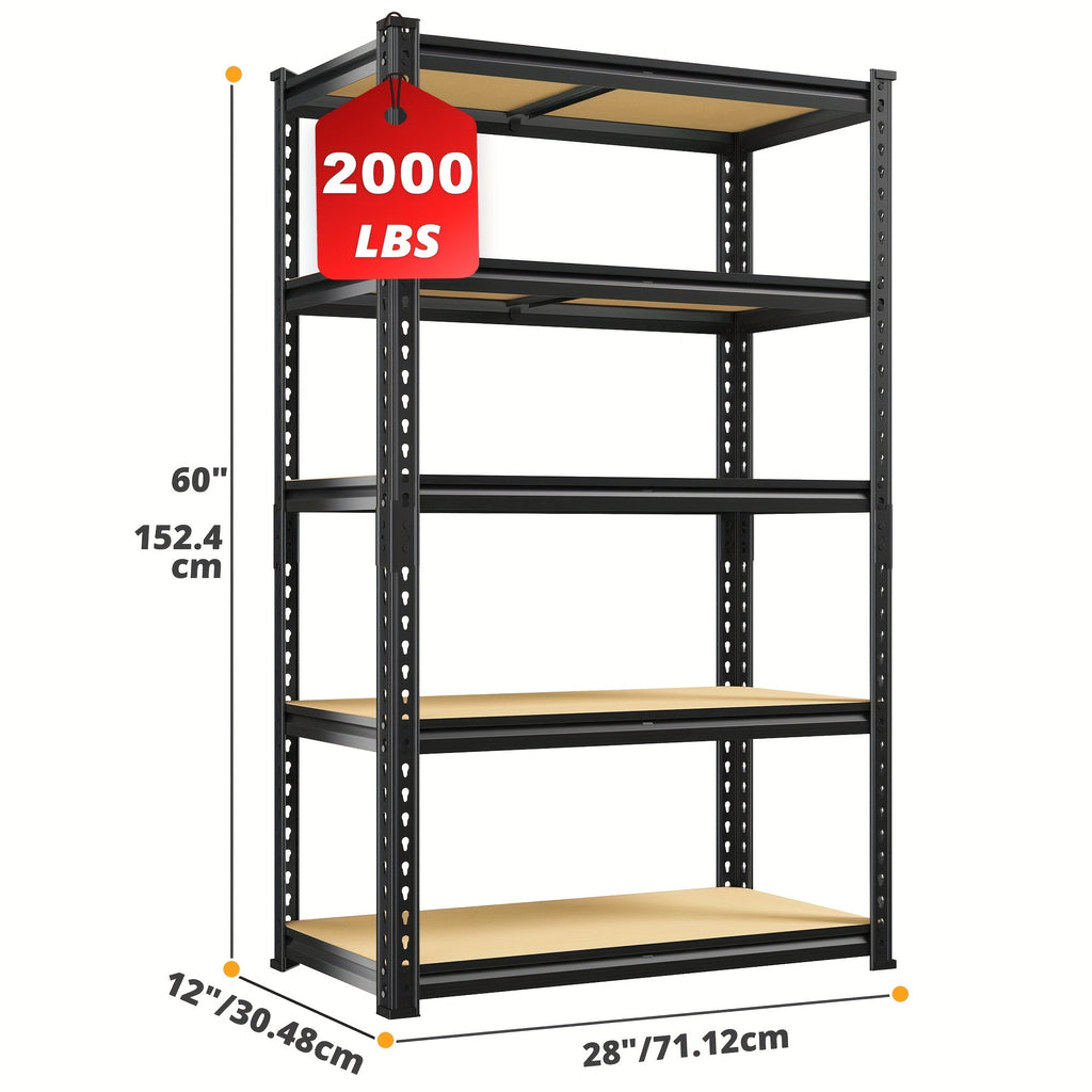 Heavy Duty 5-Tier Metal Garage Shelving Unit 2000 LBS – Adjustable Steel Storage Shelf Rack 60–72 Inch for Garage, Basement, Pantry, Kitchen & Warehouse, Tool-Free Assembly, Black