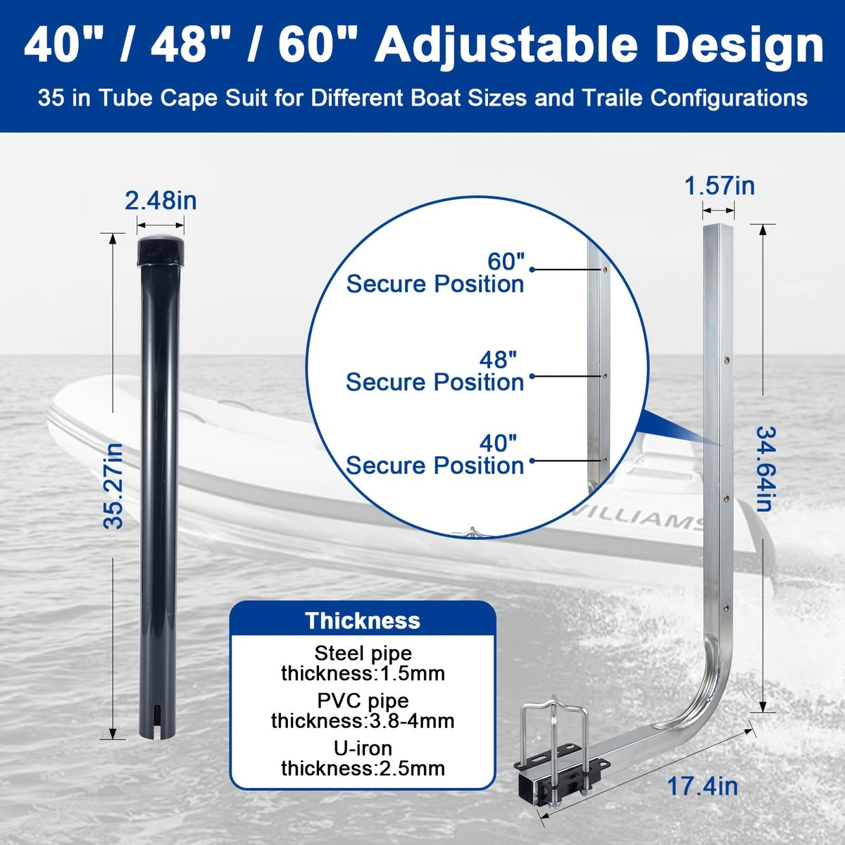 L-Shaped Adjustable Boat Trailer Guide Poles 31–60" – Galvanized Stainless Steel with Black PVC Sleeves, Corrosion-Resistant Trailer Guide Ons for Ski Boat Fishing Boat Sailboat, Black or White