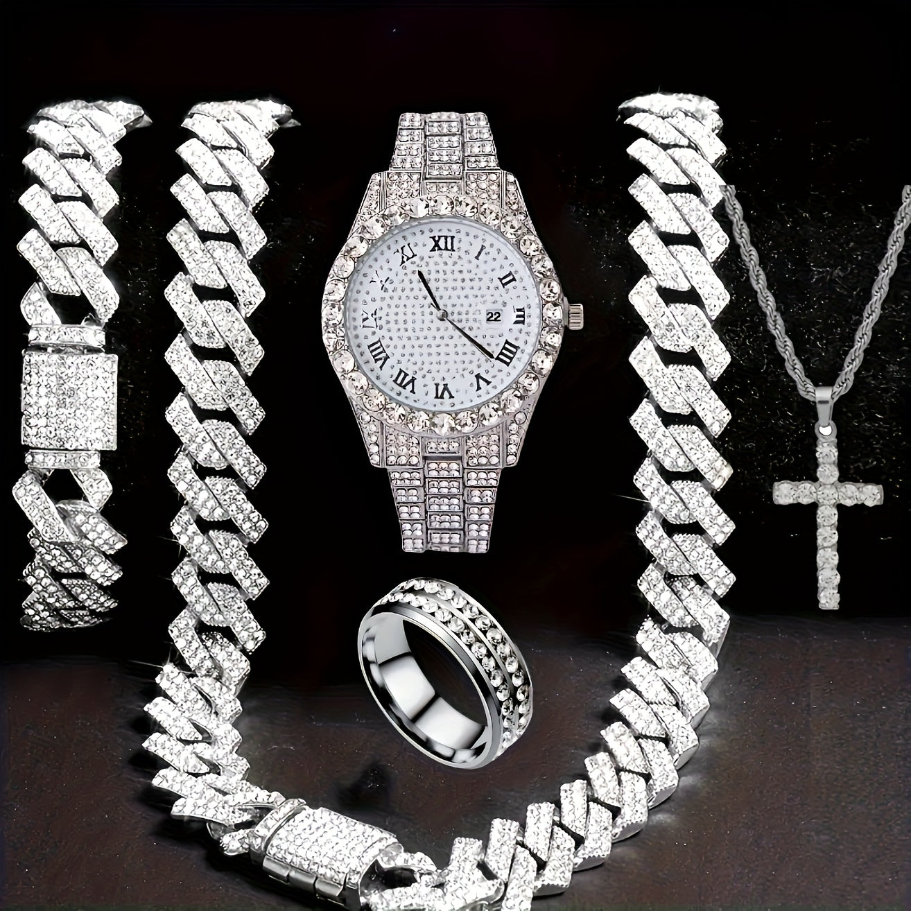 Men's Hip Hop Rhinestone Bling Watch Set with Waterfall Chain Bracelet & Necklace – Sparkling Quartz Watch Jewelry Set for Men 3pc & 5pc Perfect Holiday Gift