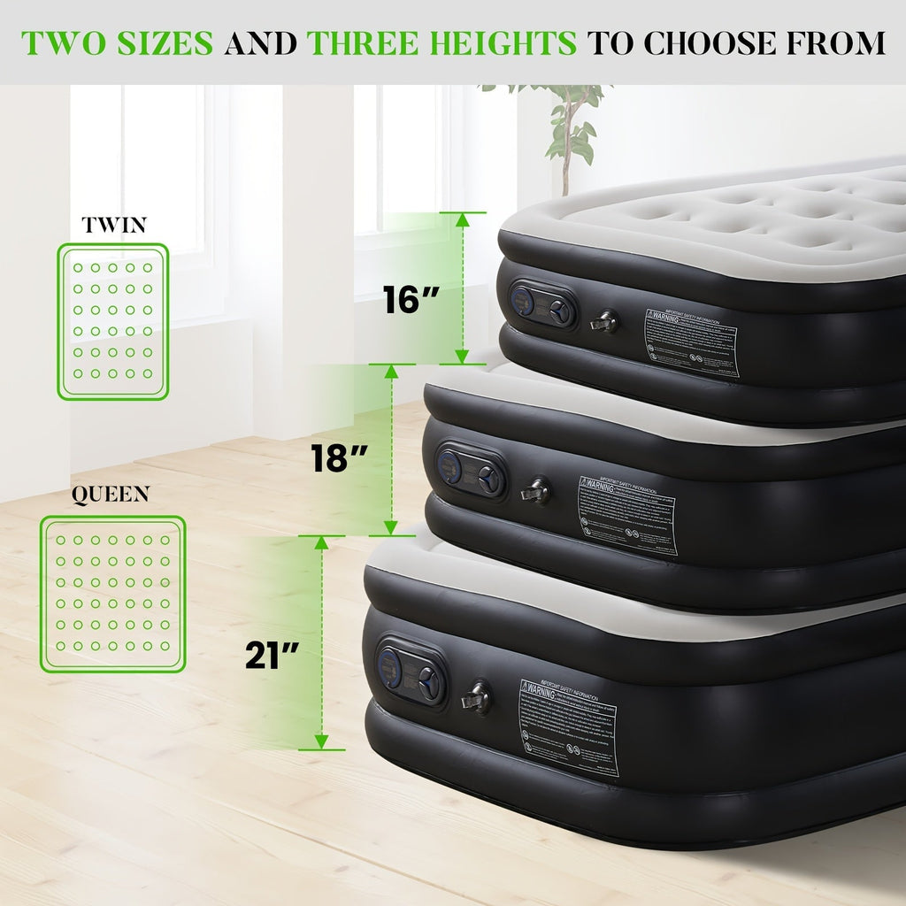 Inflatable Air Mattress with Built-In Pump – Double Height Blow-Up Airbed 16"/18"/21" Thick, 660 Lbs Capacity, Non-Slip Bottom – for Home, Guest Room, Camping & Outdoor Use