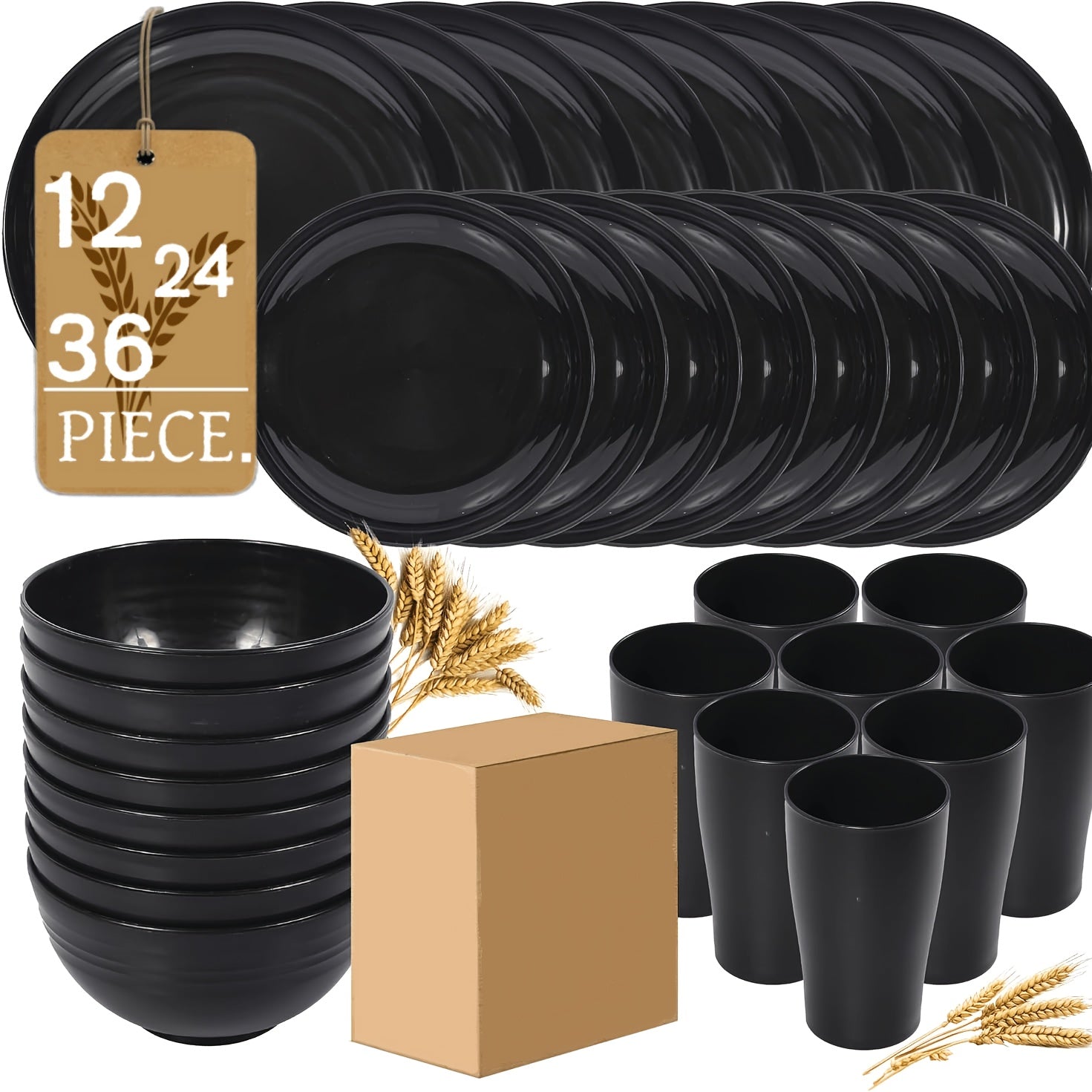 Wheat Straw Dinnerware Set 12/24/36 Piece with Multicolor Option – Reusable Eco-Friendly Unbreakable Plates Bowls & Cups, Dishwasher & Microwave Safe for Camping Picnic Party Outdoor Everyday Use