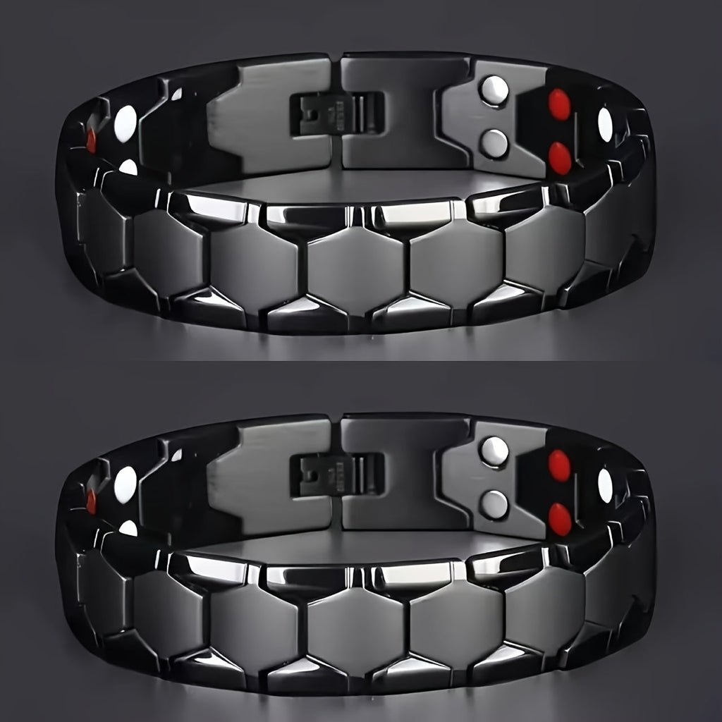 Men's Titanium Alloy Hexagonal Wide Bracelet 2-Piece Set – Hypoallergenic Water-Resistant Snap Ring Wristband Bold Geometric Fashion Jewelry Gift for Men Black Silver Gold