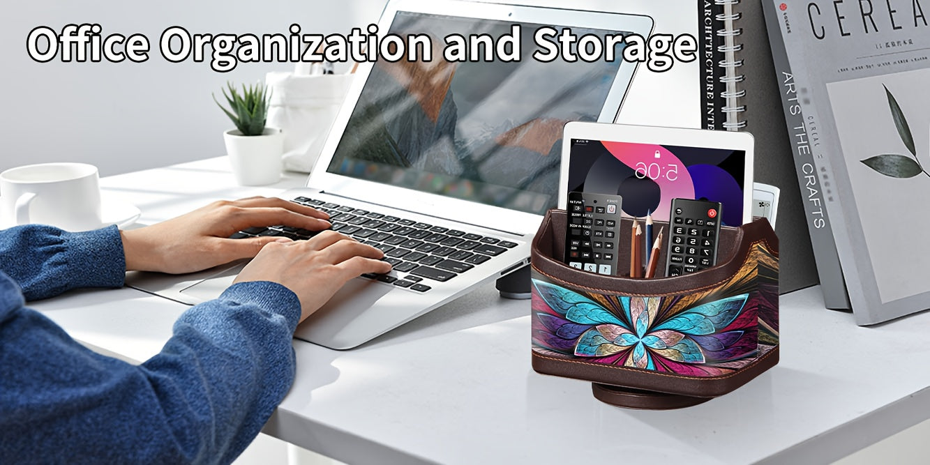360 Swivel Remote Control Holder 5-Compartment PU Leather Desk Organizer for TV Remotes Phones Eyeglasses Pens Rotating Desktop Storage Caddy