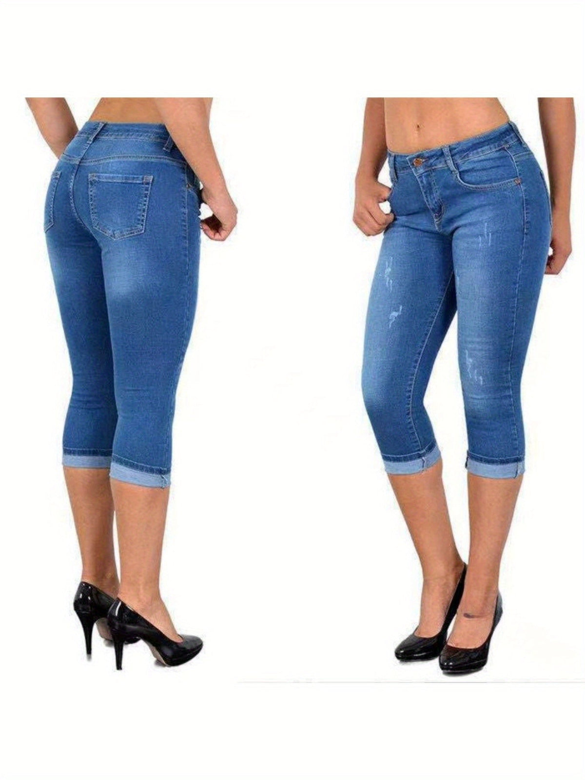 Women's Stretch Skinny Capri Jeans – Slim Fit Cropped Denim Pants with Elastic Waistband, Soft Machine Washable Fabric, Street Style Summer Casual, 3 Colors, Sizes S-XXL
