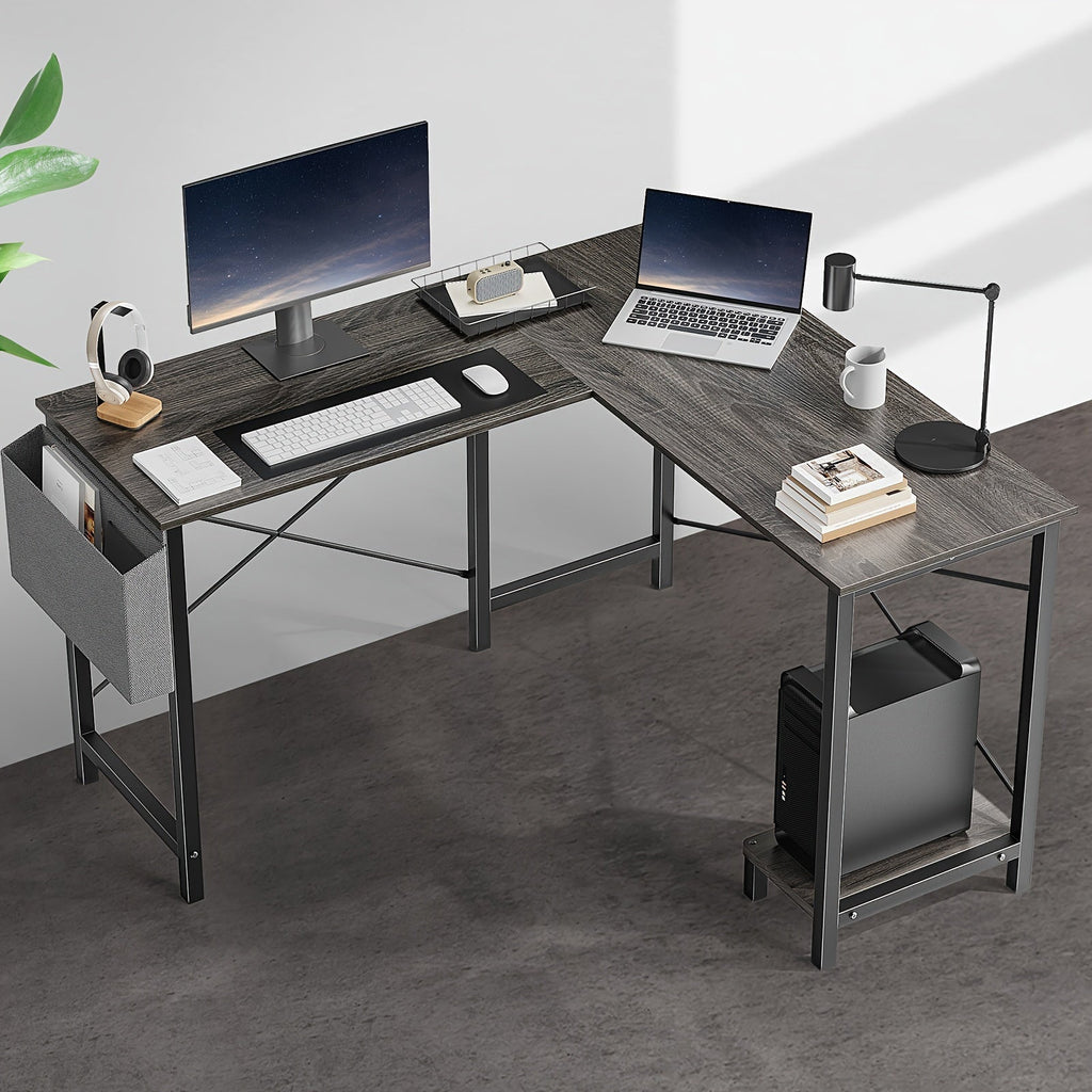 L-Shaped Corner Computer Desk with Storage Bag & Open Shelves – Reversible PC Laptop Workstation for Home Office Study Room Gaming Dorm, Space-Saving Writing Desk, 7 Colors