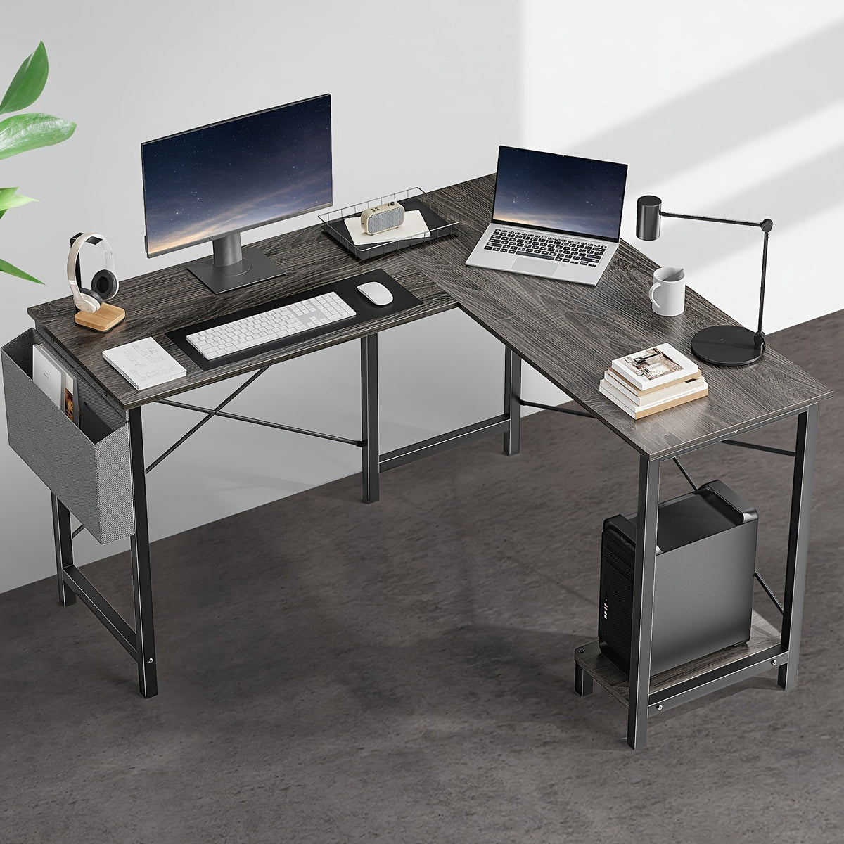 L-Shaped Corner Computer Desk with Storage Bag & Open Shelves – Reversible PC Laptop Workstation for Home Office Study Room Gaming Dorm, Space-Saving Writing Desk, 7 Colors