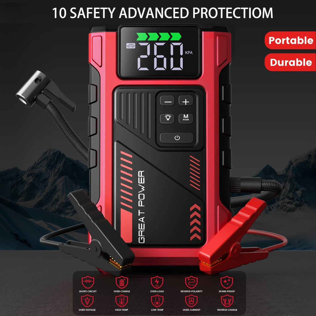 9 in 1 Portable Jump Starter with Air Compressor for 12V Cars Up to 8.0L Gas 6.5L Diesel Battery Booster Pack Tire Inflator USB Power Bank LED Emergency Light Safety Hammer Roadside Kit